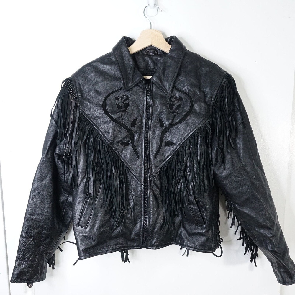 VINTAGE LEATHER GALLERY FLORAL FULL ZIP TASSEL JACKET WOMENS SIZE XL W/ LINING